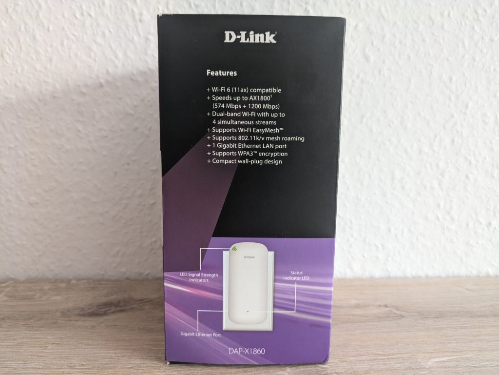 Verpackung des D-Link DAP-X1860 WLAN-Repeaters von rechts