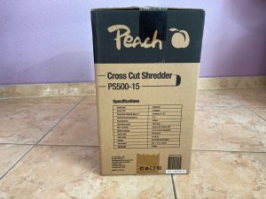 Verpackung des Peach PS500-15 Aktenvernichters von der Seite