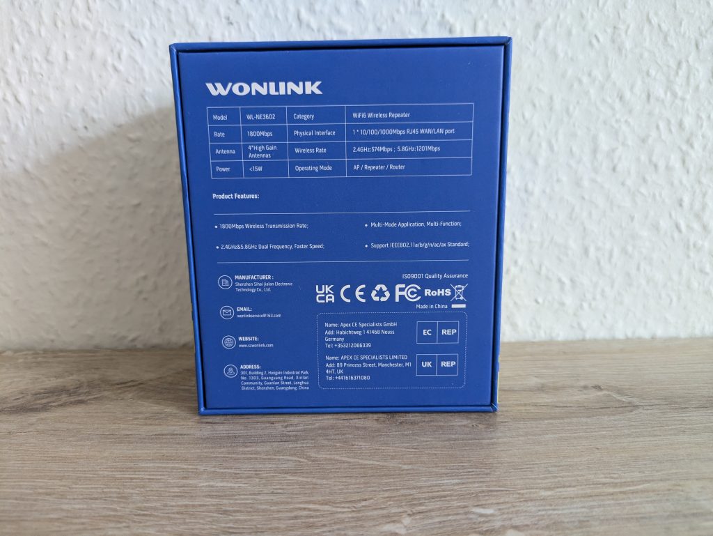 Verpackung des WONLINK WL-NE3602 WLAN-Repeaters von hinten