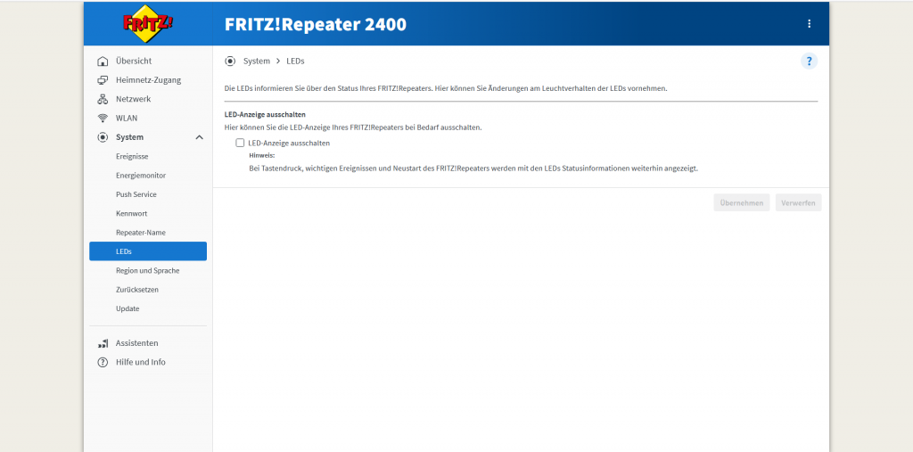 Webbrowser des AVM FRITZ! 2400 WLAN-Repeaters