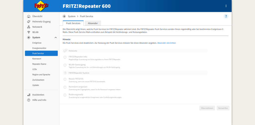 Webbrowser des AVM FRITZ! 600 WLAN-Repeaters