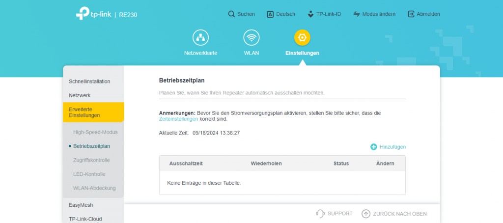 Weboberfläche des TP Link RE230 WLAN-Repeaters (2)