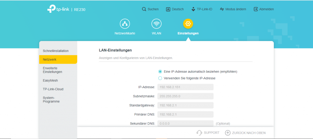 Weboberfläche des TP Link RE230 WLAN-Repeaters (3)