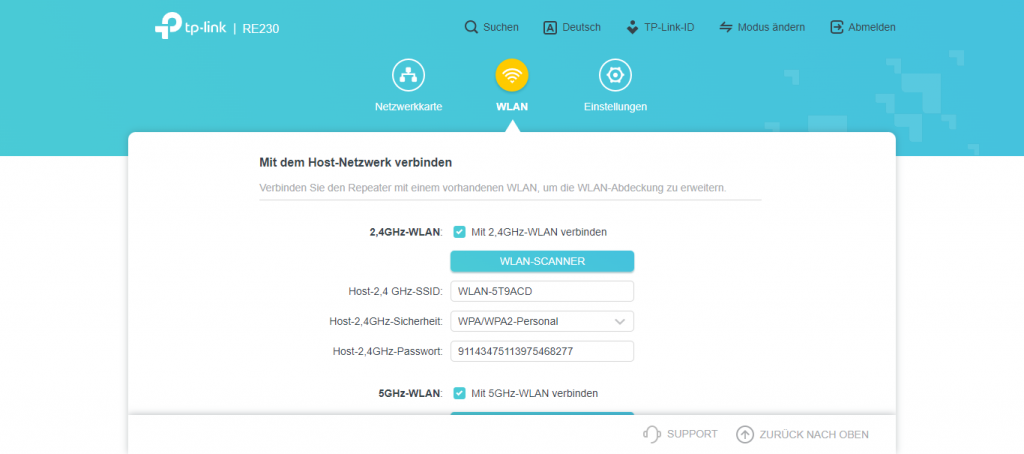 Weboberfläche des TP Link RE230 WLAN-Repeaters (4)