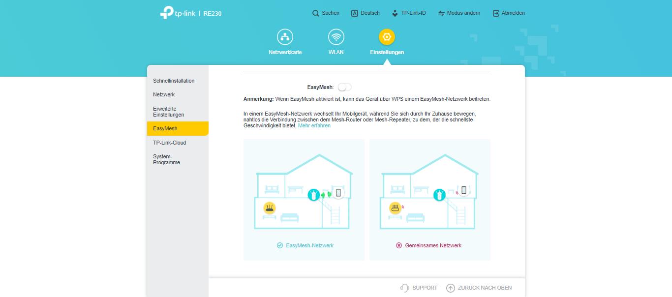 Weboberfläche des TP-Link RE230 WLAN-Repeaters
