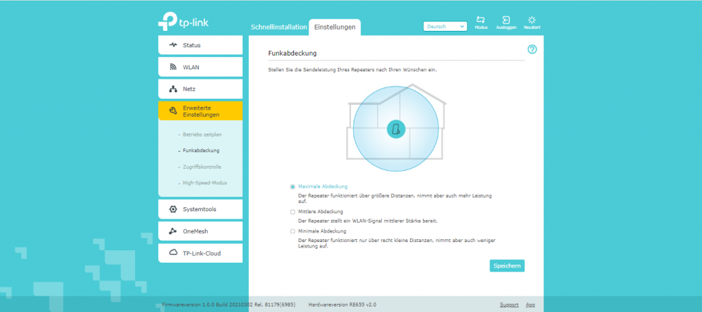 Weboberfläche des TP Link RE655 WLAN-Repeaters