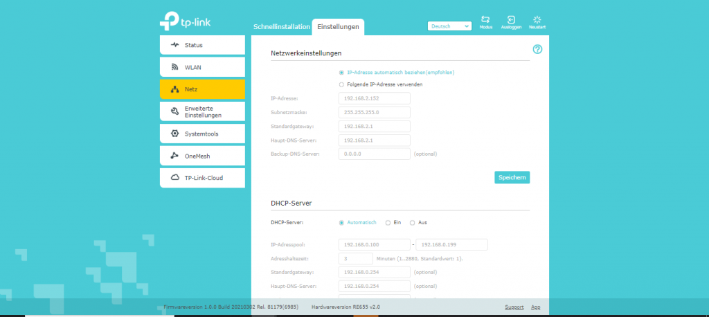 Weboberfläche des TP Link RE655 WLAN-Repeaters (3)