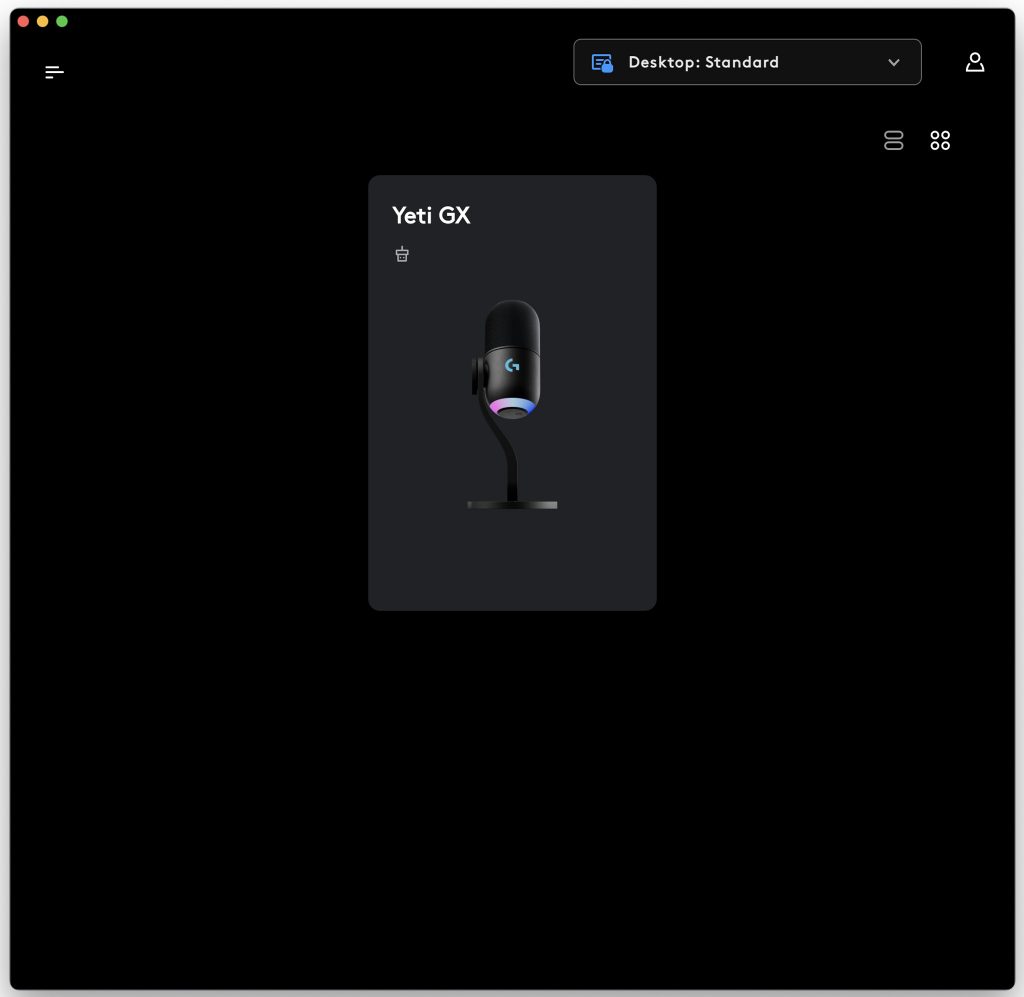 Logitech G Yeti GX Mikrofon G-Hub-Stoftware Startbildschirm