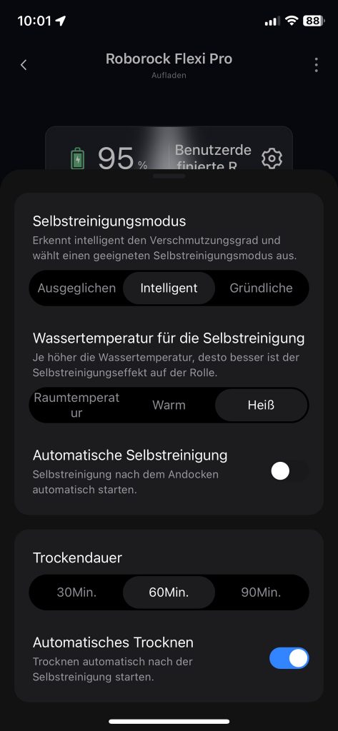 Roborock Flexi Pro Akku-Staubsauger Einstellung Selbsreinigungsmodus