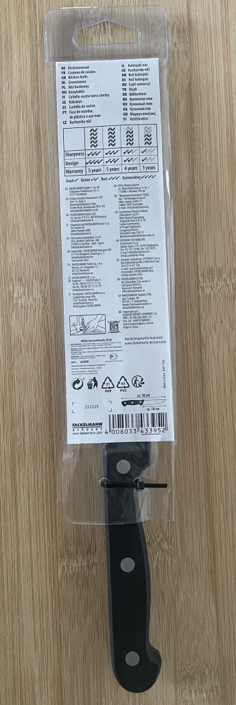 Fackelmann NIROSTA Mega 43395 Küchenmesser produktinformationen auf der Verpackung
