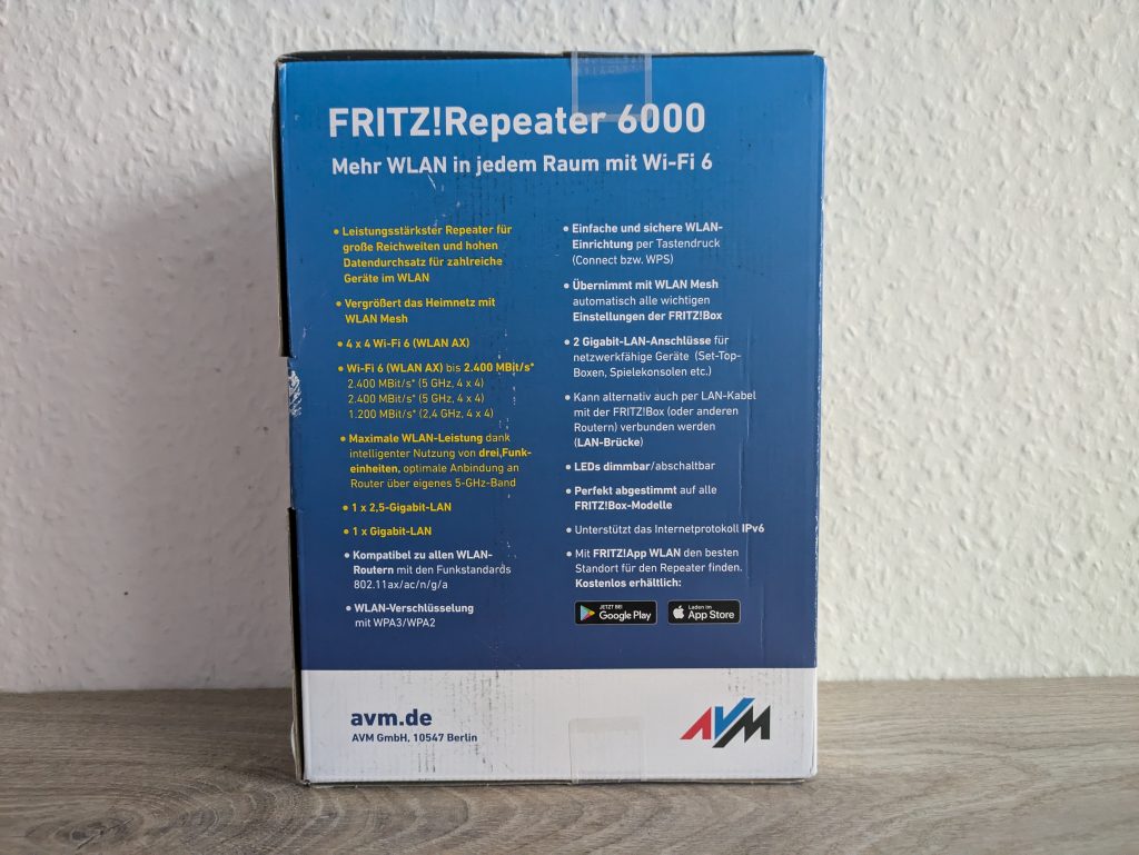 Verpackung des AVM FRITZ!Repeater 6000 WLAN-Repeaters von hinten