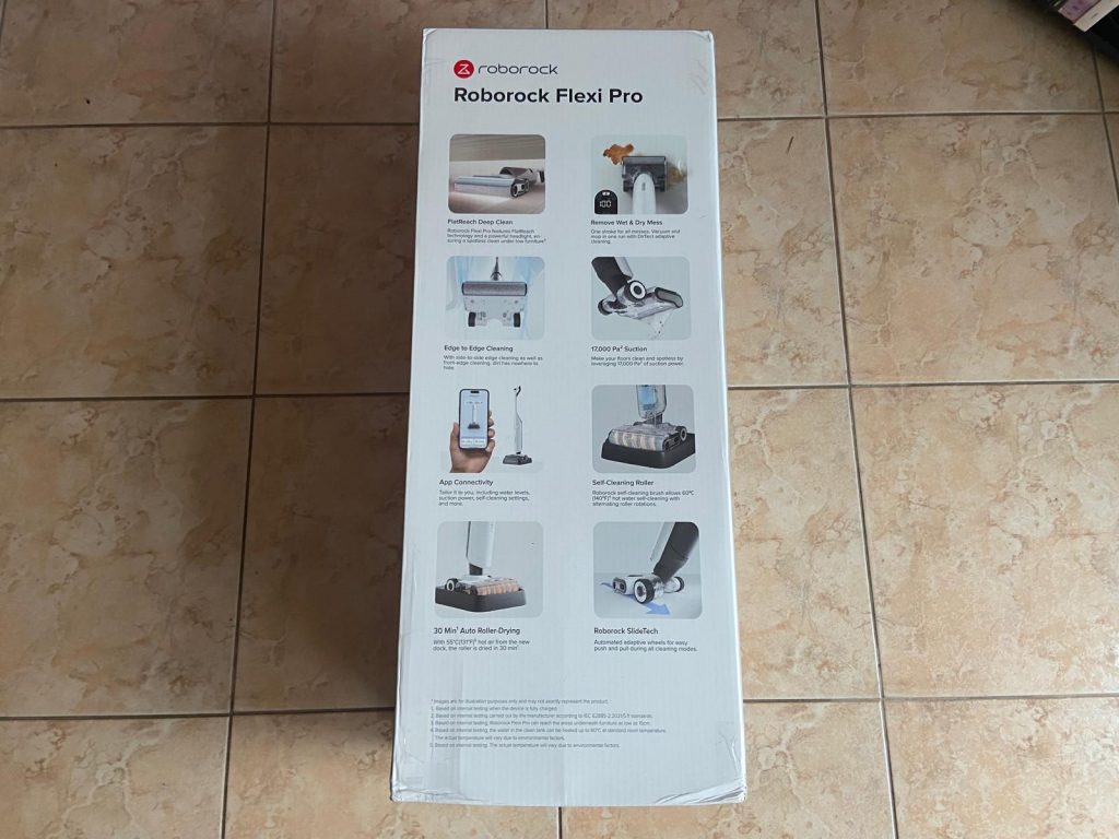 Verpackung des Roborock Flexi Pro Saugwischers von hinten