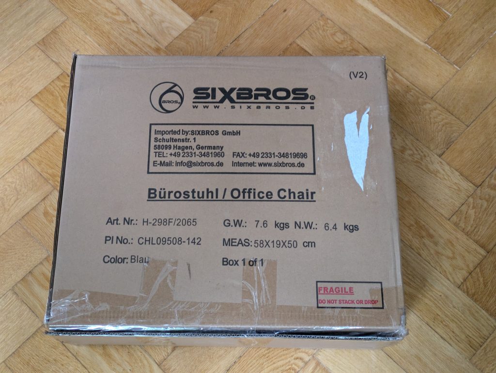 Verpackung des SixBros. H-298F2065 Bürostuhls von vorne