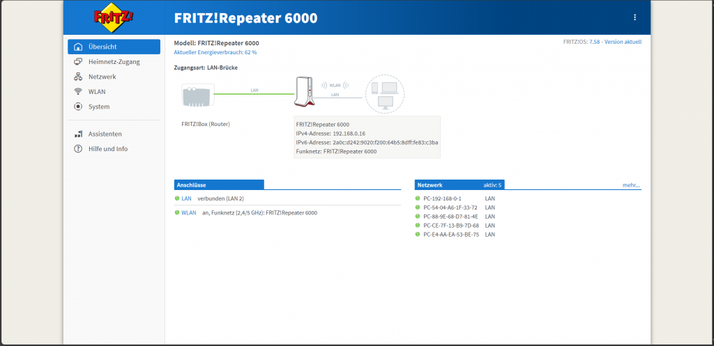 Webinterface des AVM FRITZ!Repeater 6000 WLAN-Repeaters