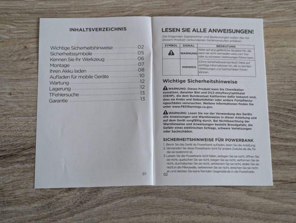 Akku-Anleitung des LiTHELi U20DD00-0U120 Akku-Bohrschraubers entpackt