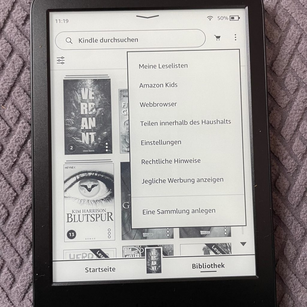 Amazon Kindle eBook-Reader Bibliotheksanzeige