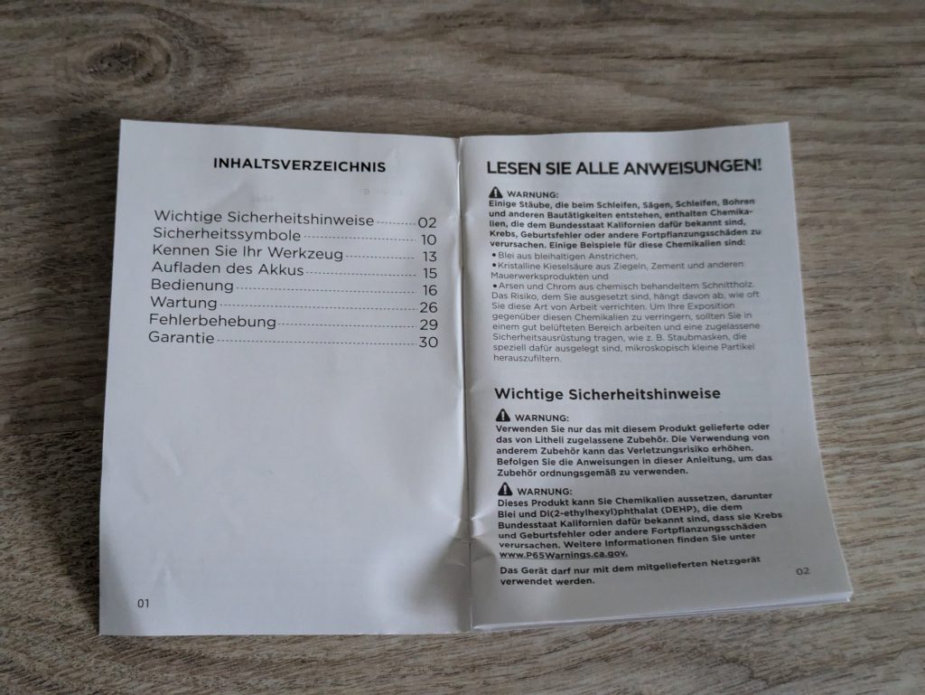Anleitung des LiTHELi U20DD00-0U120 Akku-Bohrschraubers geöffnet