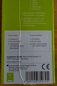 ApaCare Sonic Professional Schallzahnbürste Verpackung Rückseite