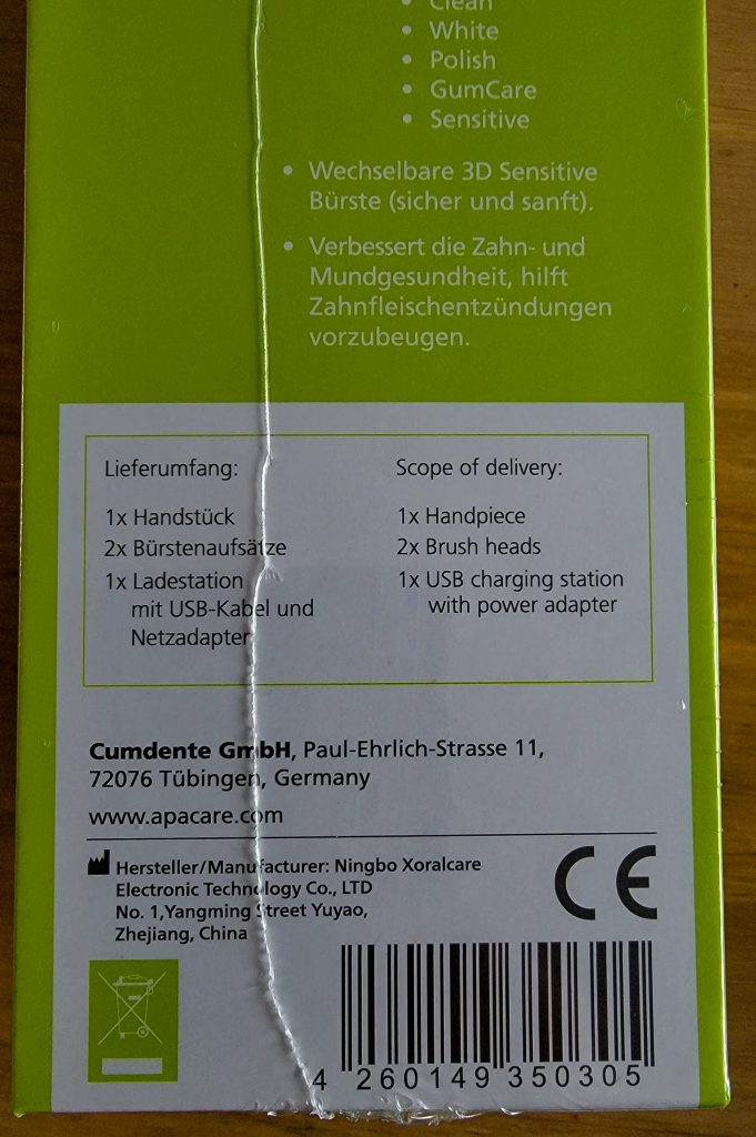ApaCare Sonic Professional Schallzahnbürste Verpackung Rückseite