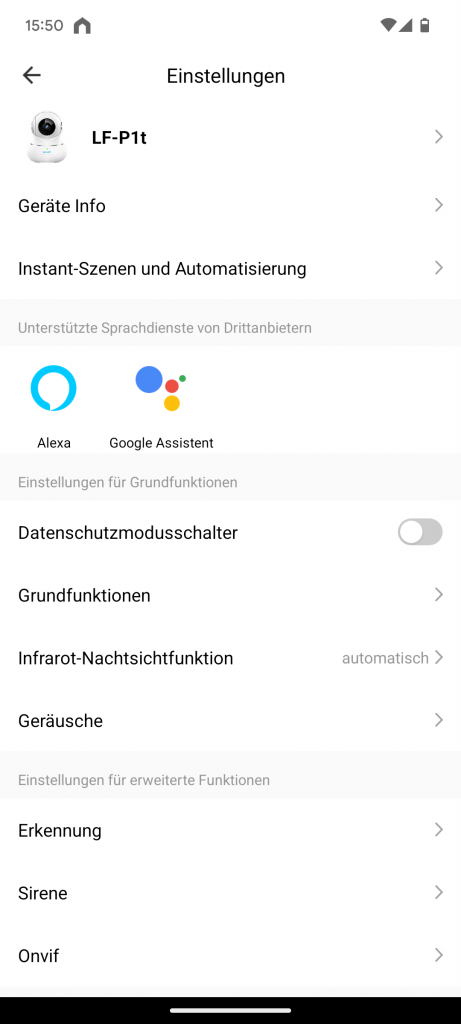 App, Einstellungen der Litokam LF P1t Überwachungskamera