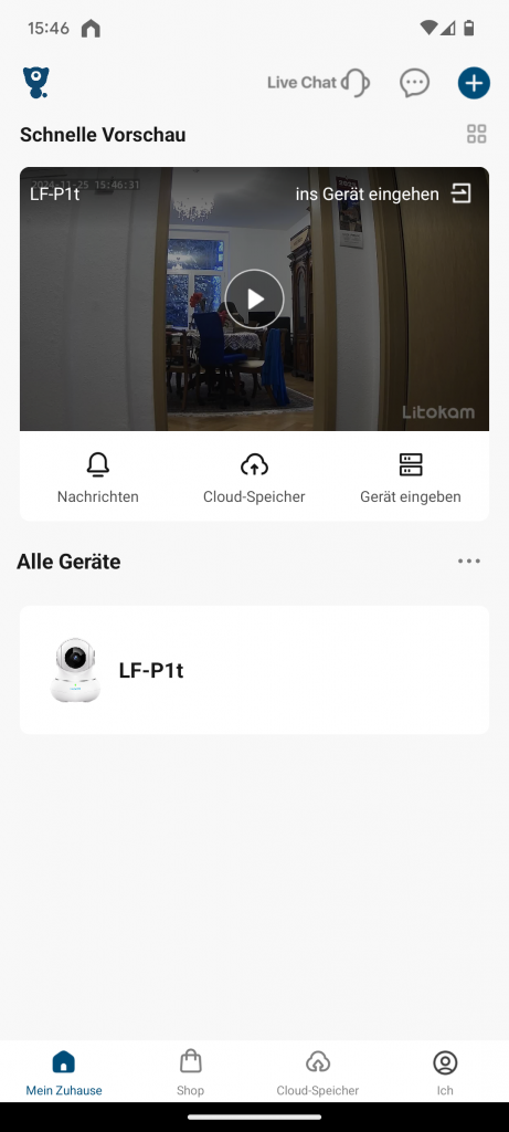 App, Hauptmenü der Litokam LF P1t Überwachungskamera