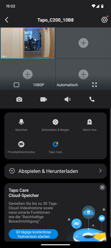 App, Kameraübersicht der Tapo C200 Überwachungskamera