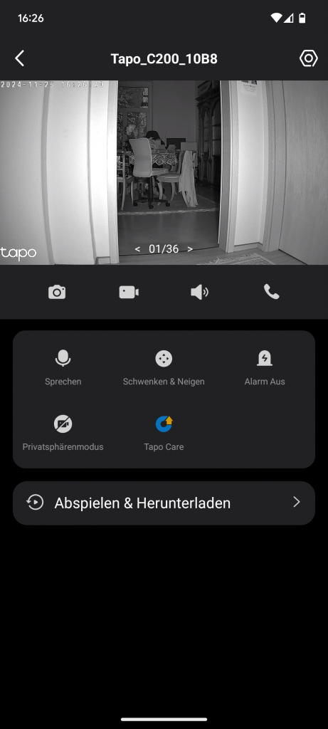 App, Nachtsicht der Tapo C200 Überwachungskamera im Menü