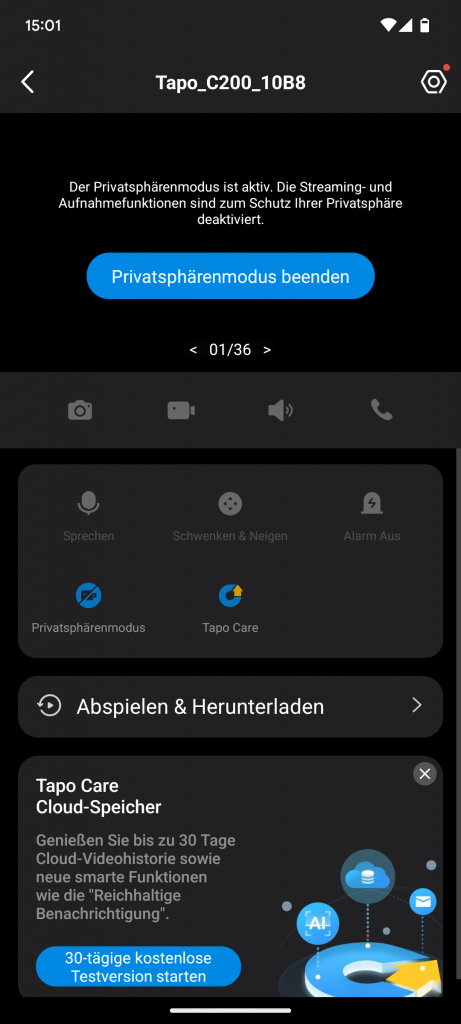App, Privatsspährenmodus der Tapo C200 Überwachungskamera