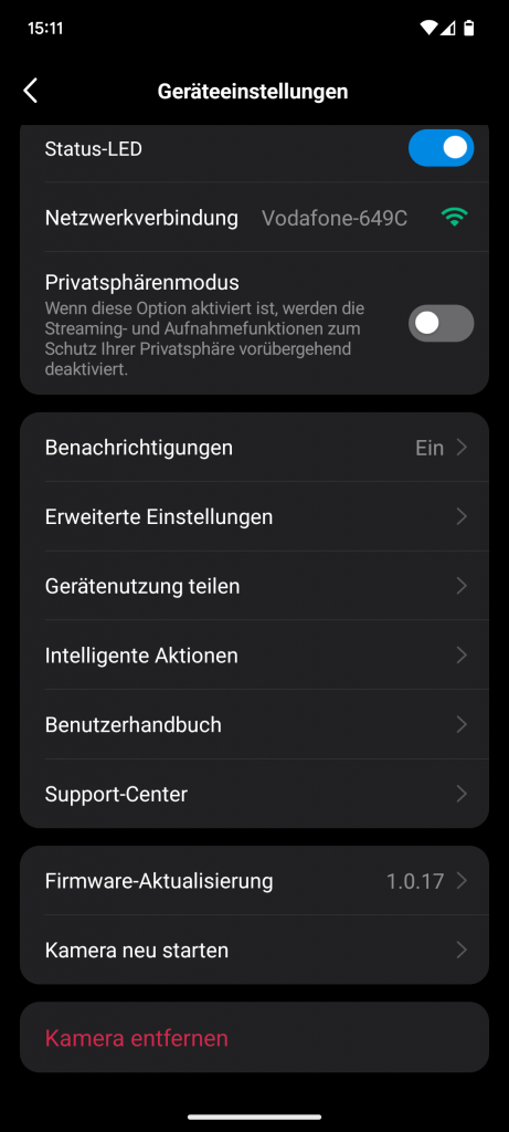 App der Tapo C200 Überwachungskamera, weitere Einstellungen