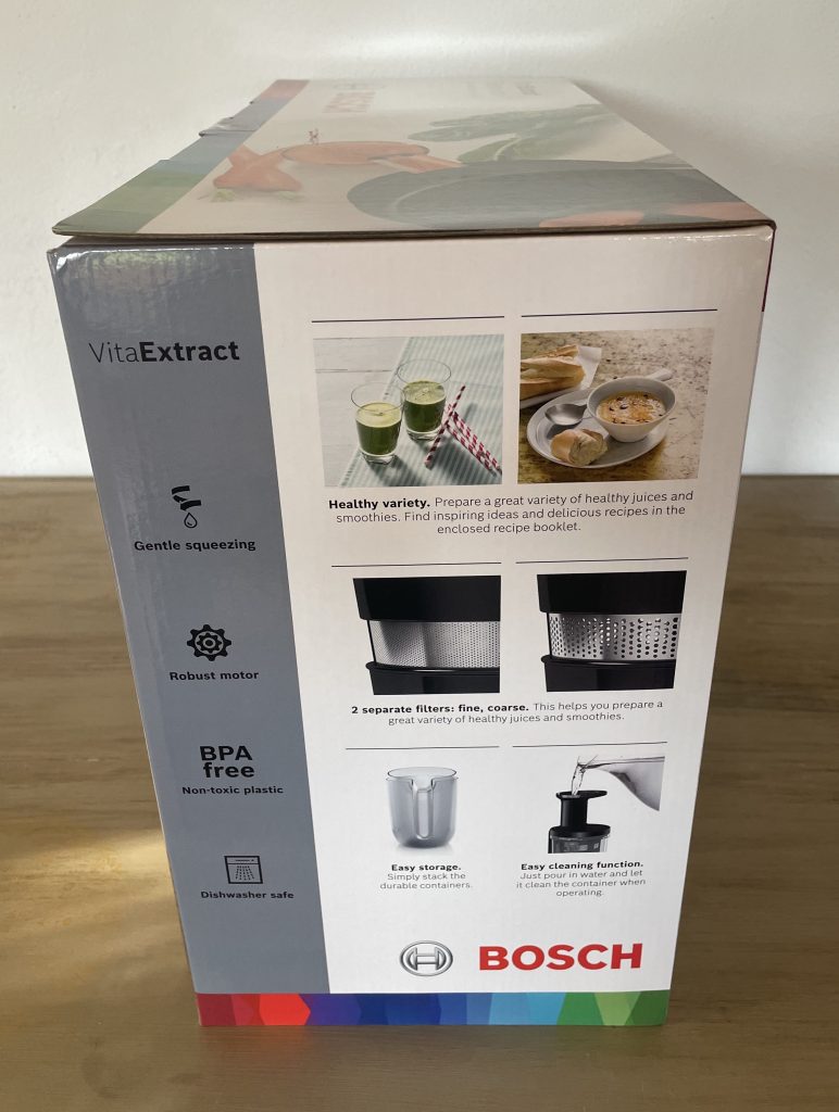 Bosch VitaExtract MESM500W Slow-Juicer im Karton von der Seite