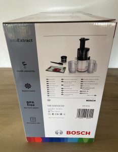 Bosch VitaExtract MESM500W Slow-Juicer im Karton von der linken Seite