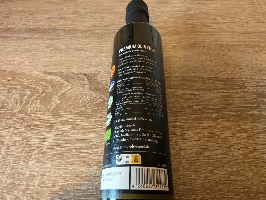 JC Natives Bio-Olivenöl extra Etikett Inhaltsstoffe