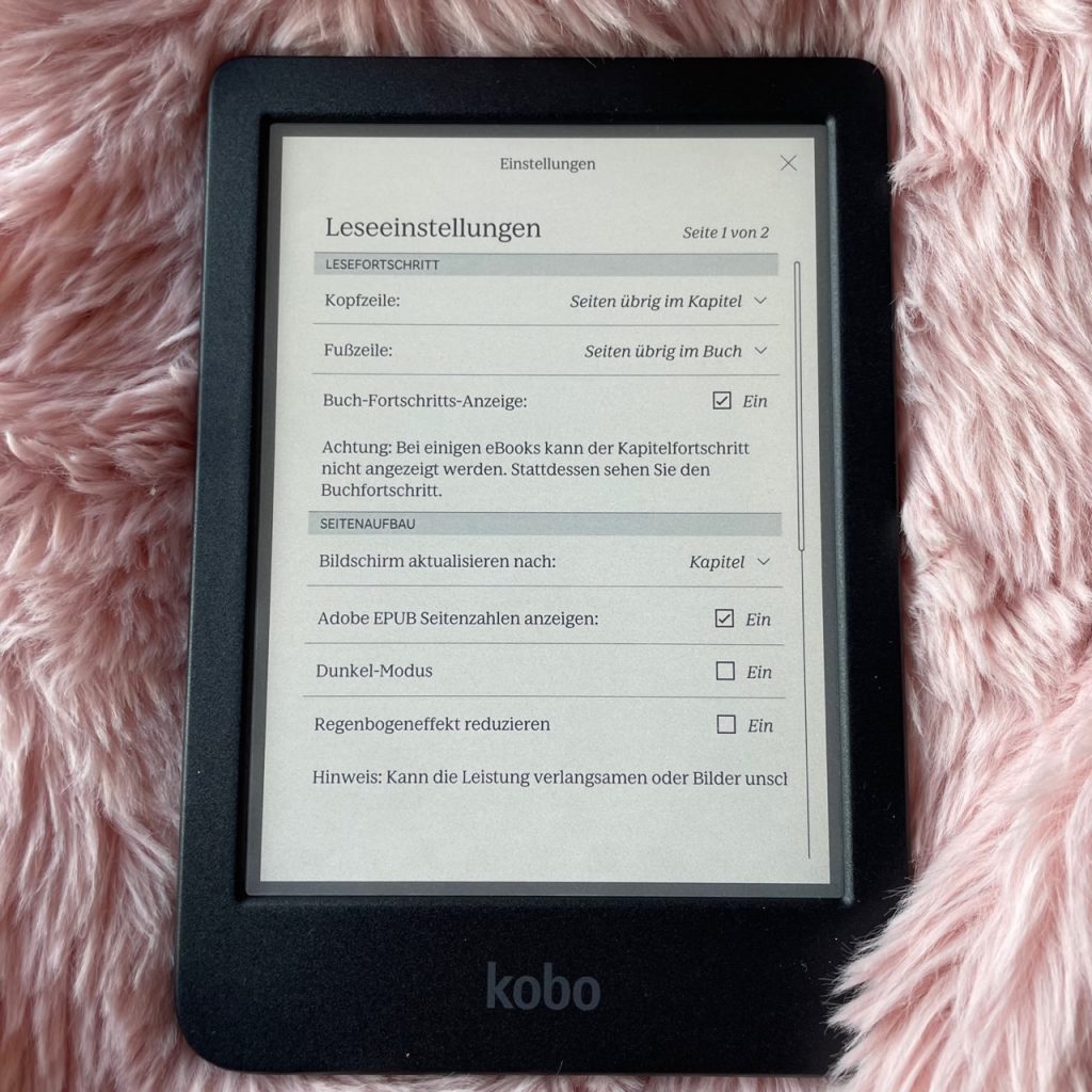 Kobo Clara Colour eBook-Reader Leseeinstellung
