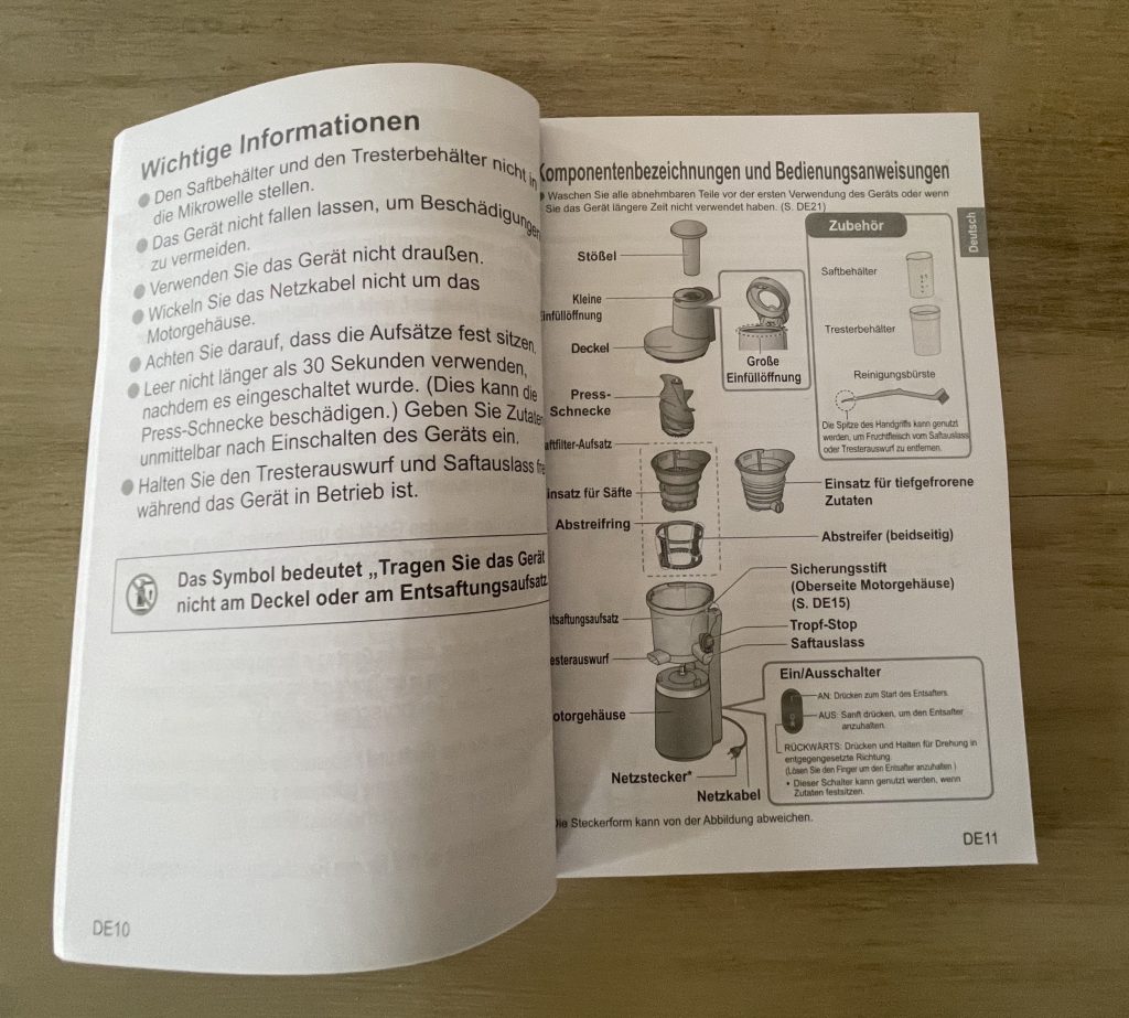 Panasonic MJ-L700KXE Slow-Juicer Einblick in die Bedienungsanleitung