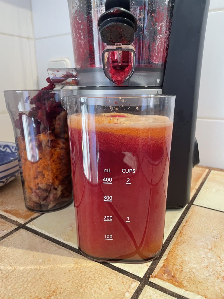Panasonic MJ-L700KXE Slow-Juicer Nahaufnahme während des Entsaftens