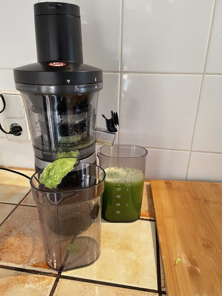 Panasonic MJ-L700KXE Slow-Juicer während des Entsaftens von Stangensellerie