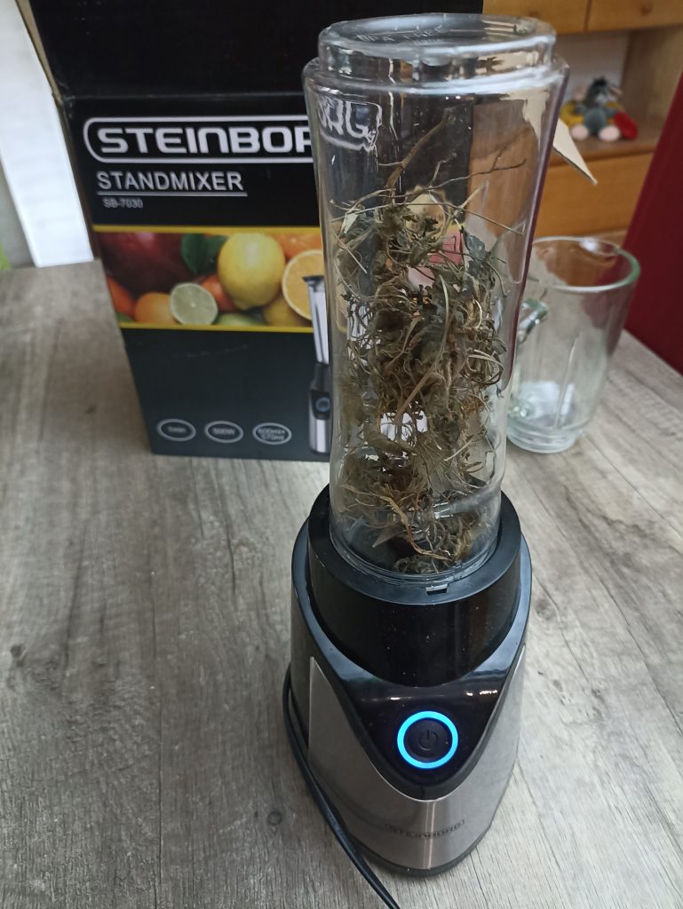 Steinborg SB-7030 Standmixer, getrocknete Brennessel im Behälter