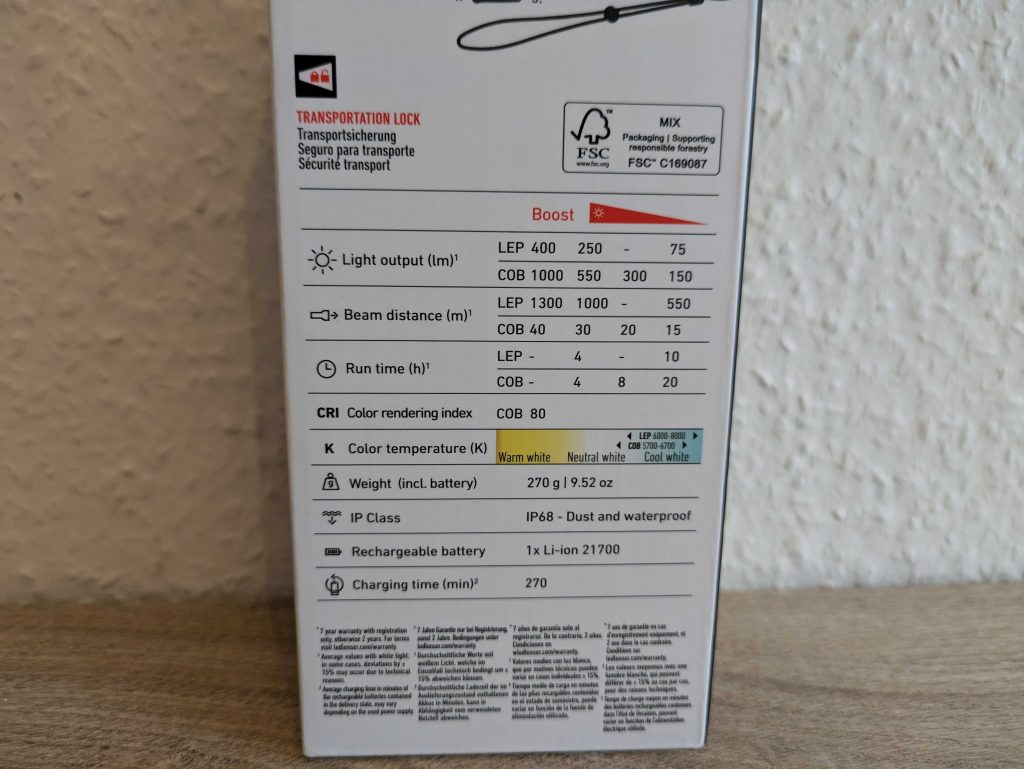 Verpackung der Ledlenser P9R Core LEP Taschenlampe von Links