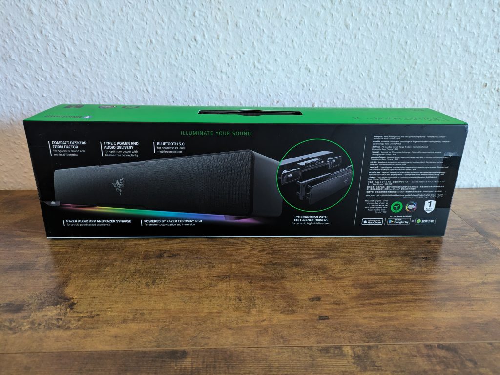 Verpackung der Razer Leviathan V2 X PC-Lautsprecher von hinten