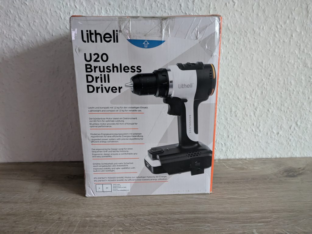 Verpackung des LiTHELi U20DD00-0U120 Akku-Bohrschraubers von hinten