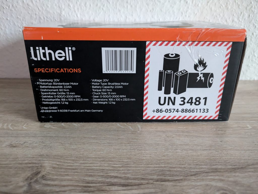 Verpackung des LiTHELi U20DD00-0U120 Akku-Bohrschraubers von links