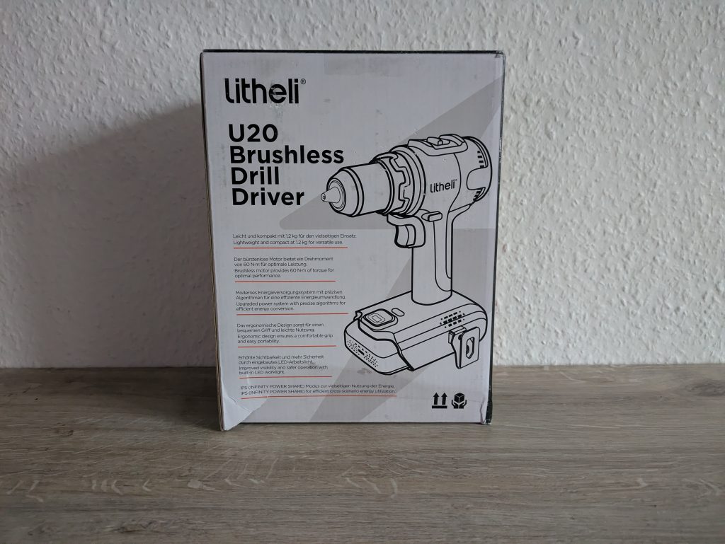 Verpackung des LiTHELi U20DD00-0U120 Akku-Bohrschraubers von vorne