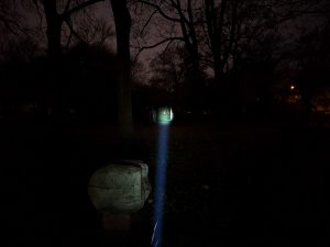 Zentrierter Strahl der Ledlenser P9R Core LEP Taschenlampe im Park