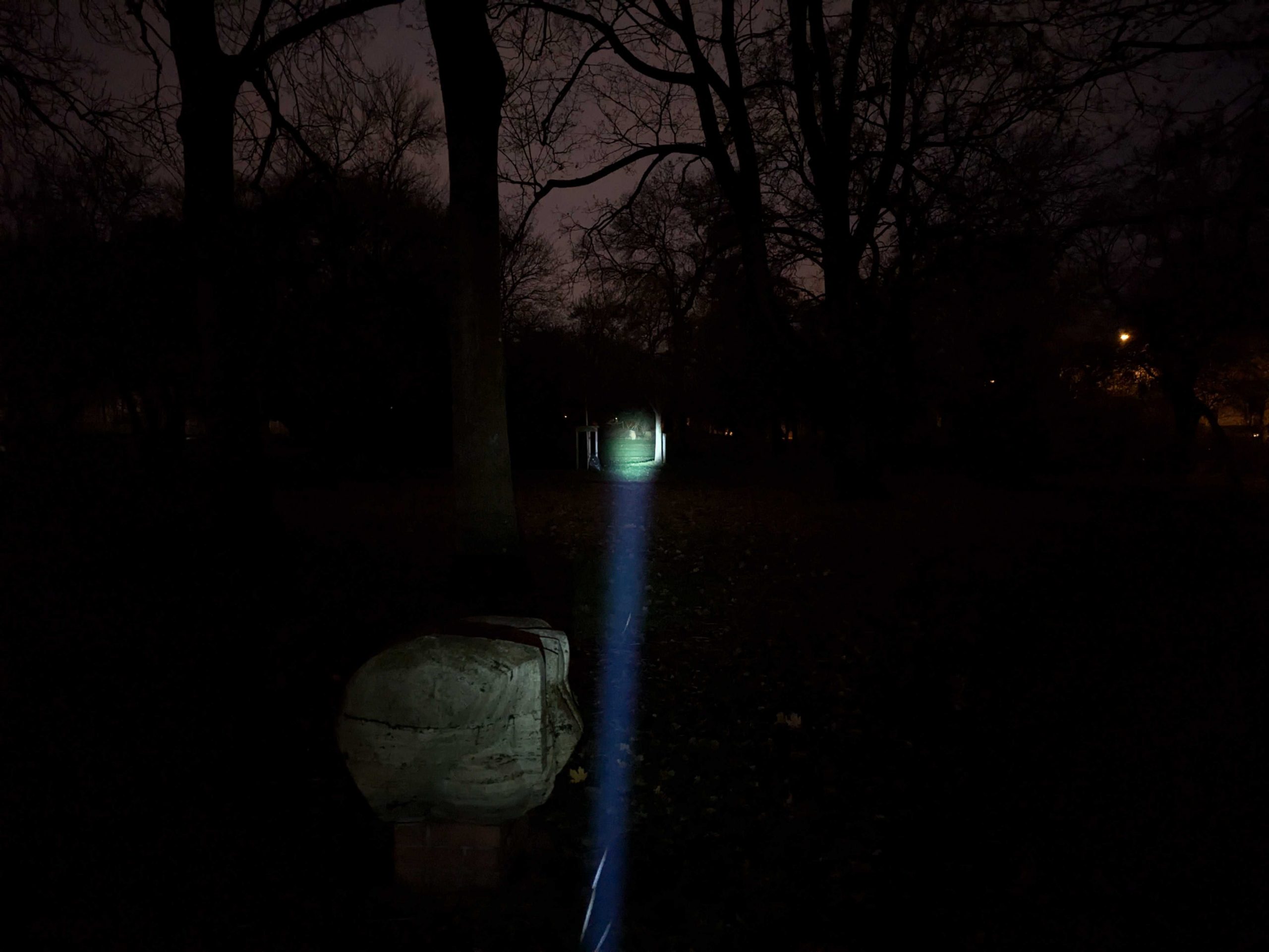 Zentrierter Strahl der Ledlenser P9R Core LEP Taschenlampe im Park