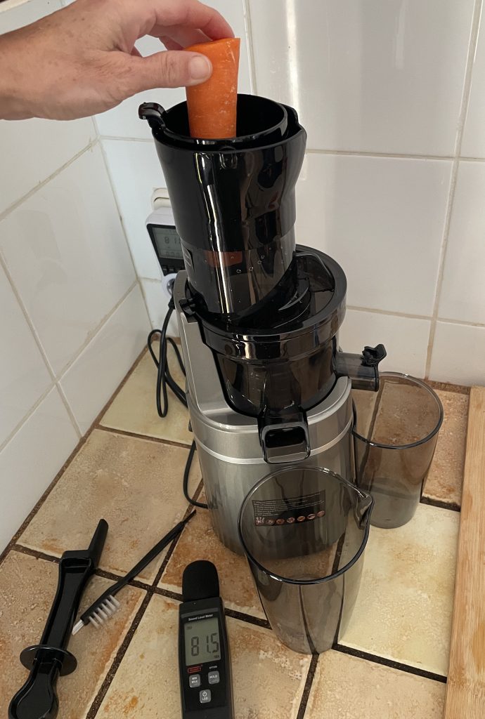 AOBOSI SJ-022 Slow-Juicer beim Einfüllen von Möhren