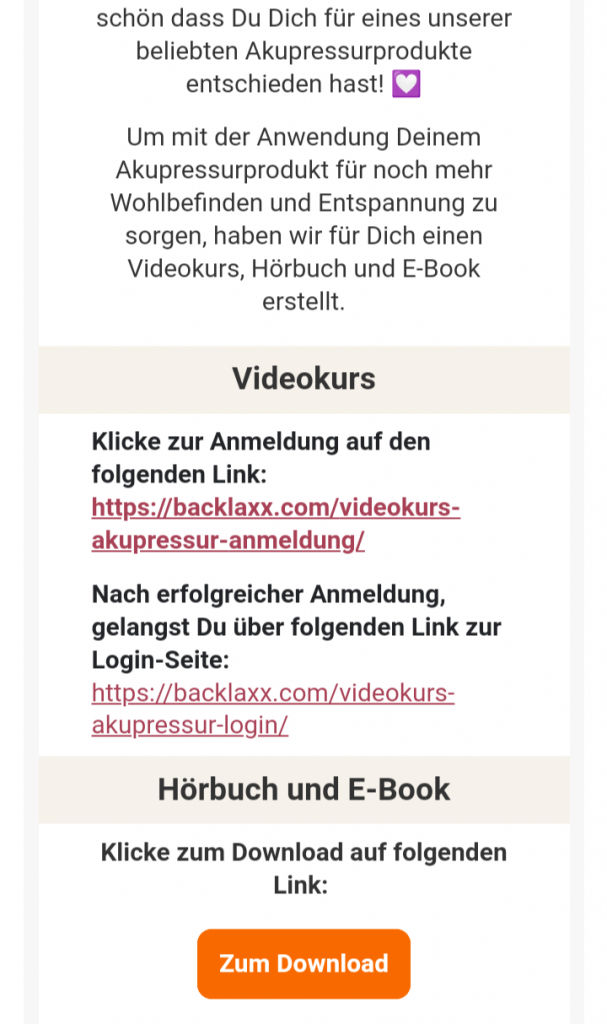 BACKLAxx-Akupressurmatte Email mit Downloadlink