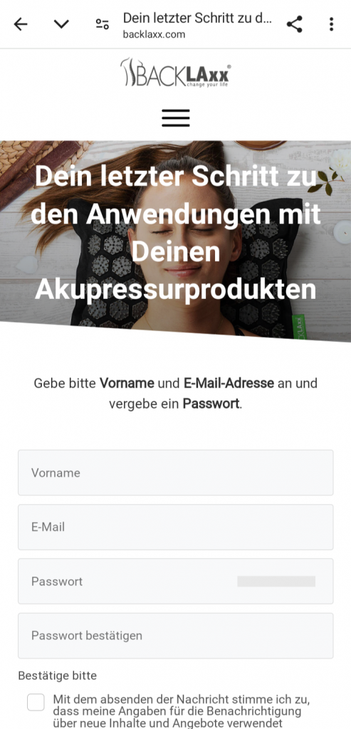 BACKLAxx-Akupressurmatte weitere Anmeldung für Zugang zu Downloads