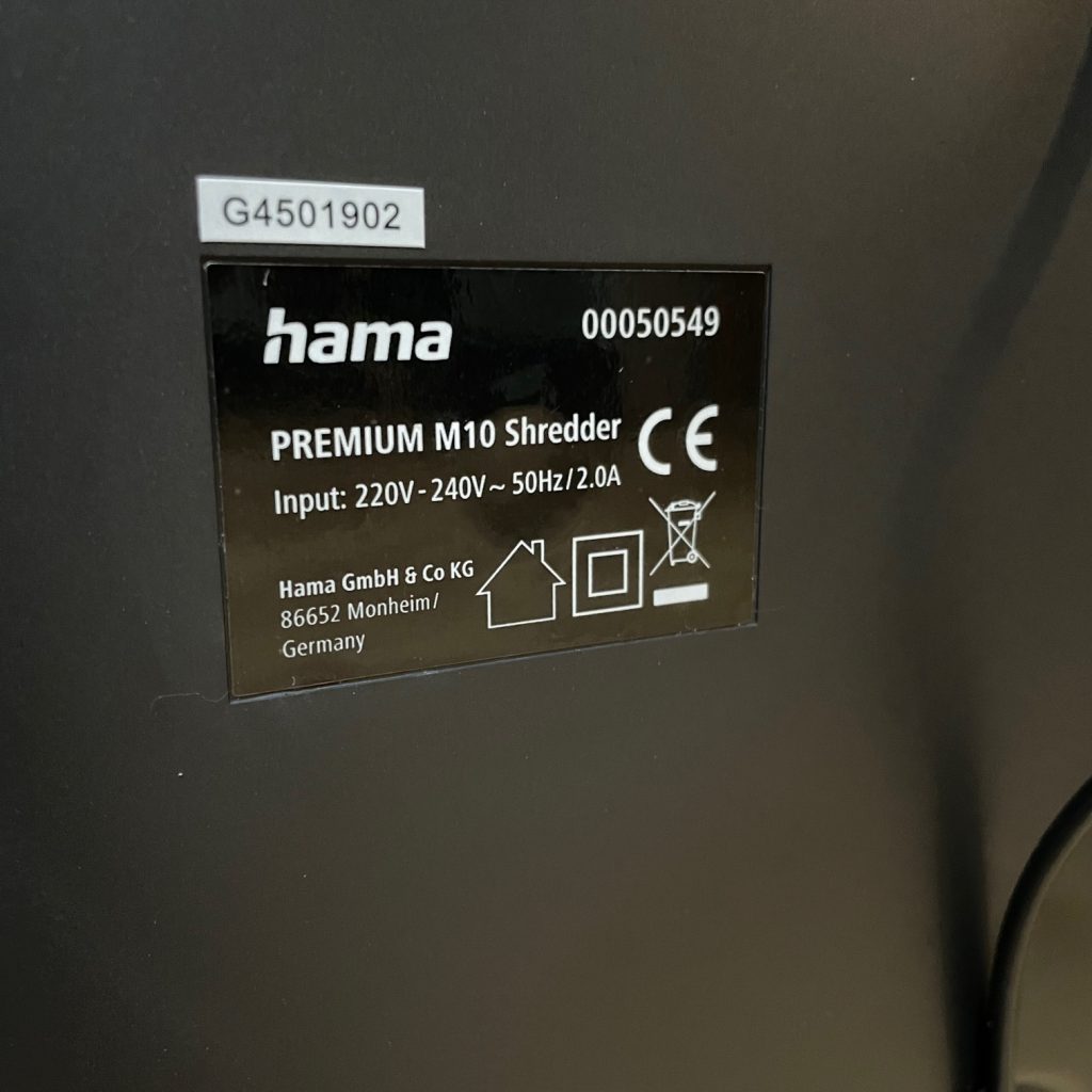Hama M10 Aktenvernichter Typenschild