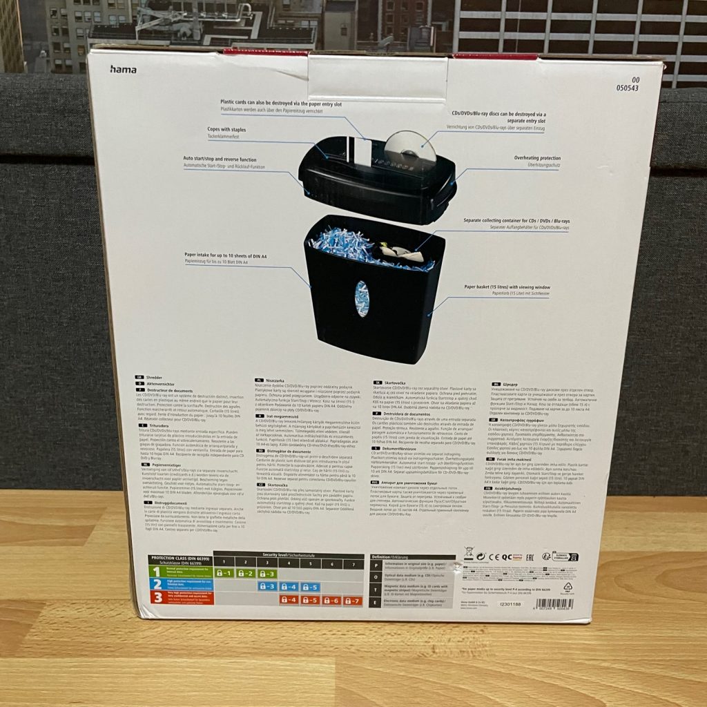 Hama X10CD Aktenvernichter Karton Rückseite