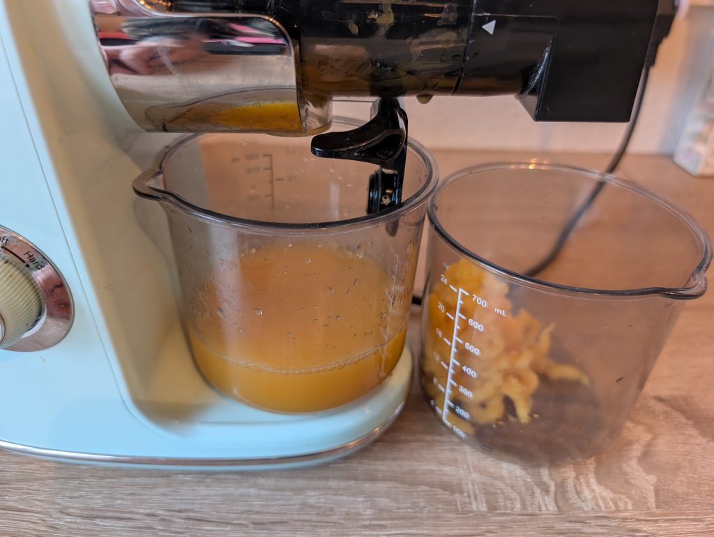 Hazel Quinn Slow Juicer Orangensaft und Trester